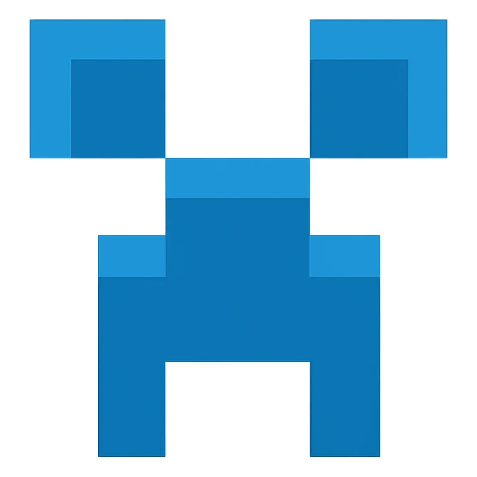 Create a minimalistic, flat blue pixel art icon inspired by the Minecraft Creeper face. Use only shades of blue for the pixelated face, with a fully transparent background. Keep the design simple, recognizable, and consistent with other flat blue icons. sticker