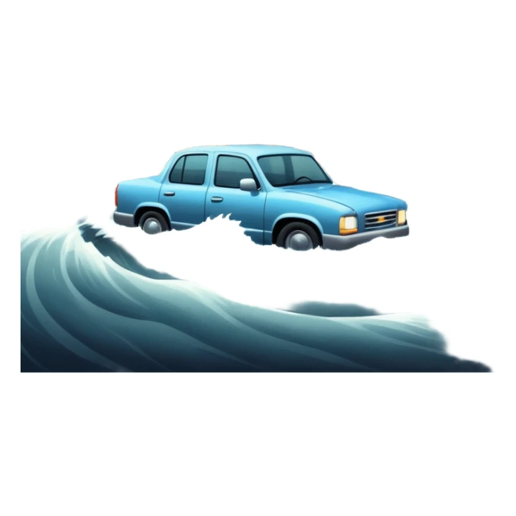 showing a flood disaster scene with strong water waves overflowing streets, partially submerged houses and cars, dark cloudy sky sticker