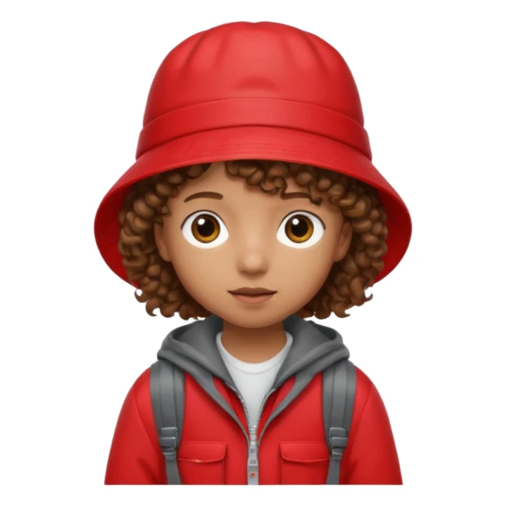 Little student brown curly hair, wears red bucket hat and jacket, backpack, shy sticker