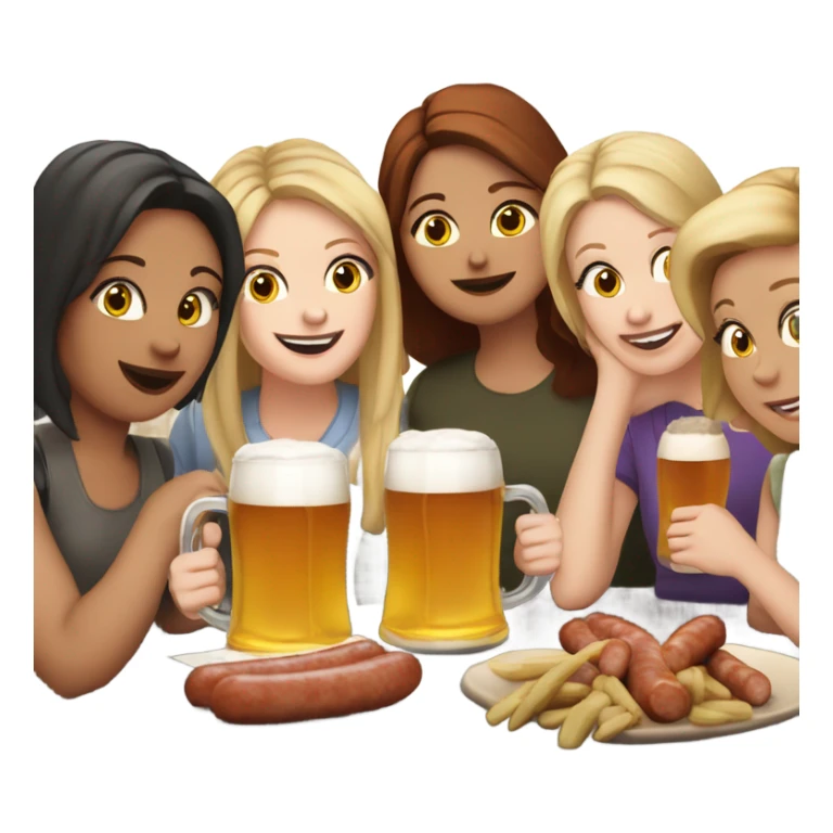 Five white girls drinking pints of beer and eating sausage sticker