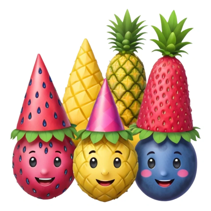 strawberry, blueberry, raspberry, banana, mango, pineapple pink lady apple having a party sticker