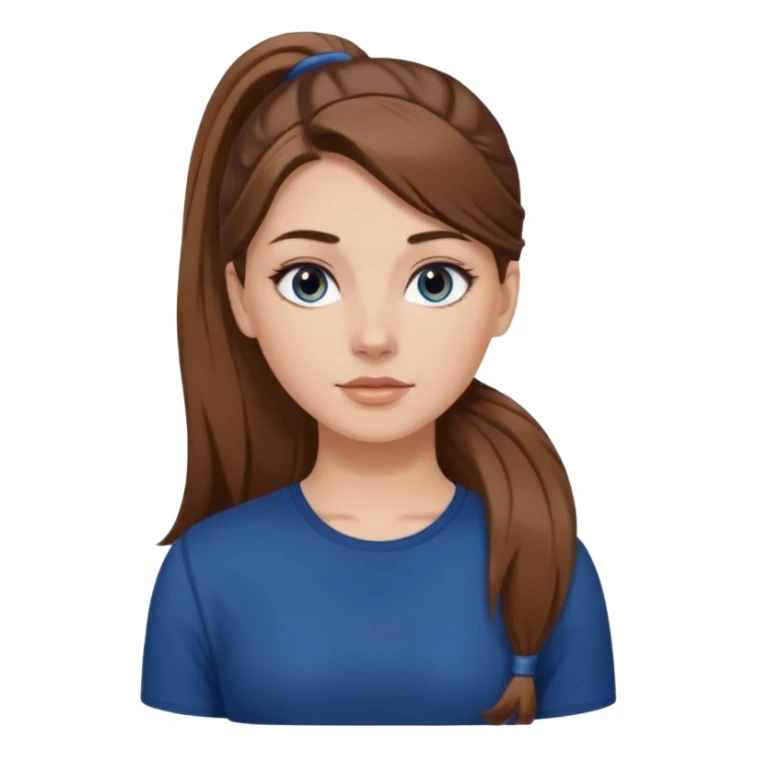 pretty white girl brown long hair makeup ponytail  on left shoulder, dark blue shirt sticker