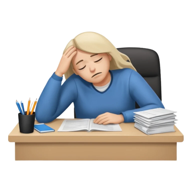 tired person with drooping eyelids, slumped at desk with paperwork, burnout, iOS emoji style sticker