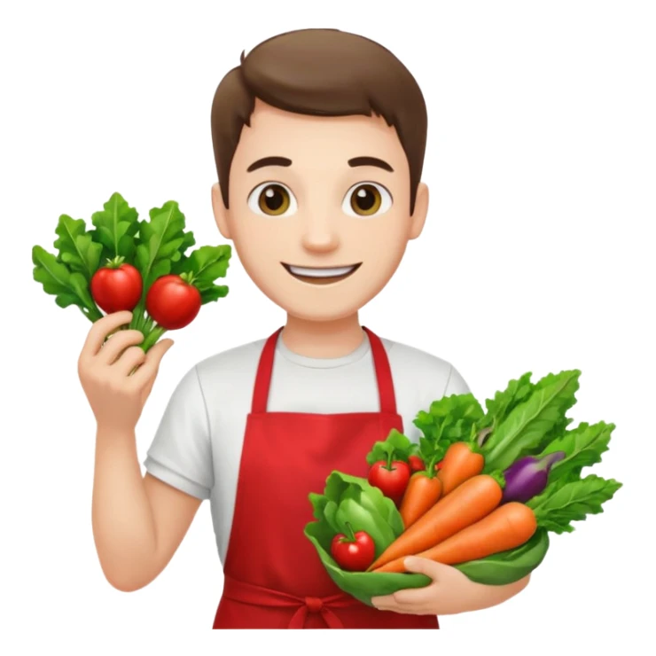 guy white t-shirt red apron smiling with vegetables sticker