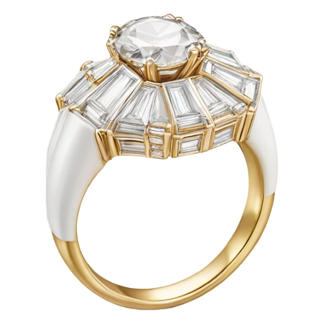 a luxurious all-white diamond ring with a round center stone and side baguette diamonds, placed inside an open, elegant square light pink velvet box with gold button details. Show a side view with bold outlines, a glossy finish sticker