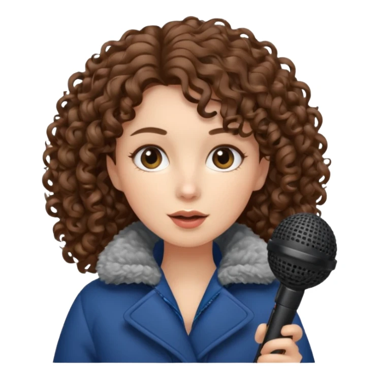 curly haired woman with winter clothes holding microphone sticker