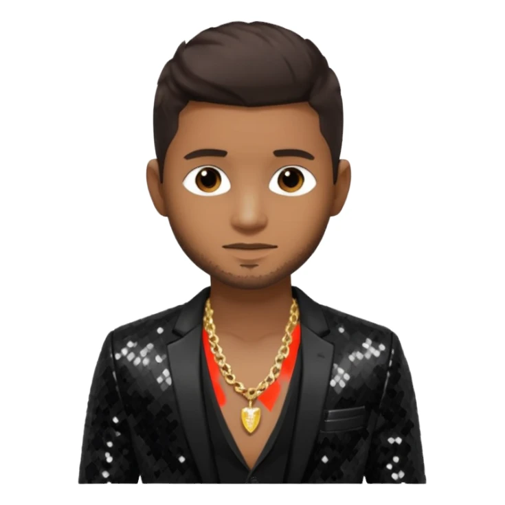 Usher with dark brown hair, black sequin suit jacket, shirtless with necklace sticker