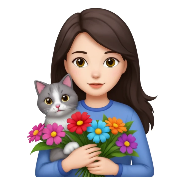 brunette woman holding bouqet and cat sticker