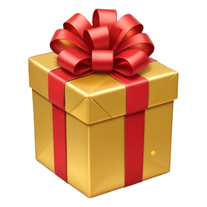 present with gold wrapping and red ribbon with top off and confetti coming out sticker