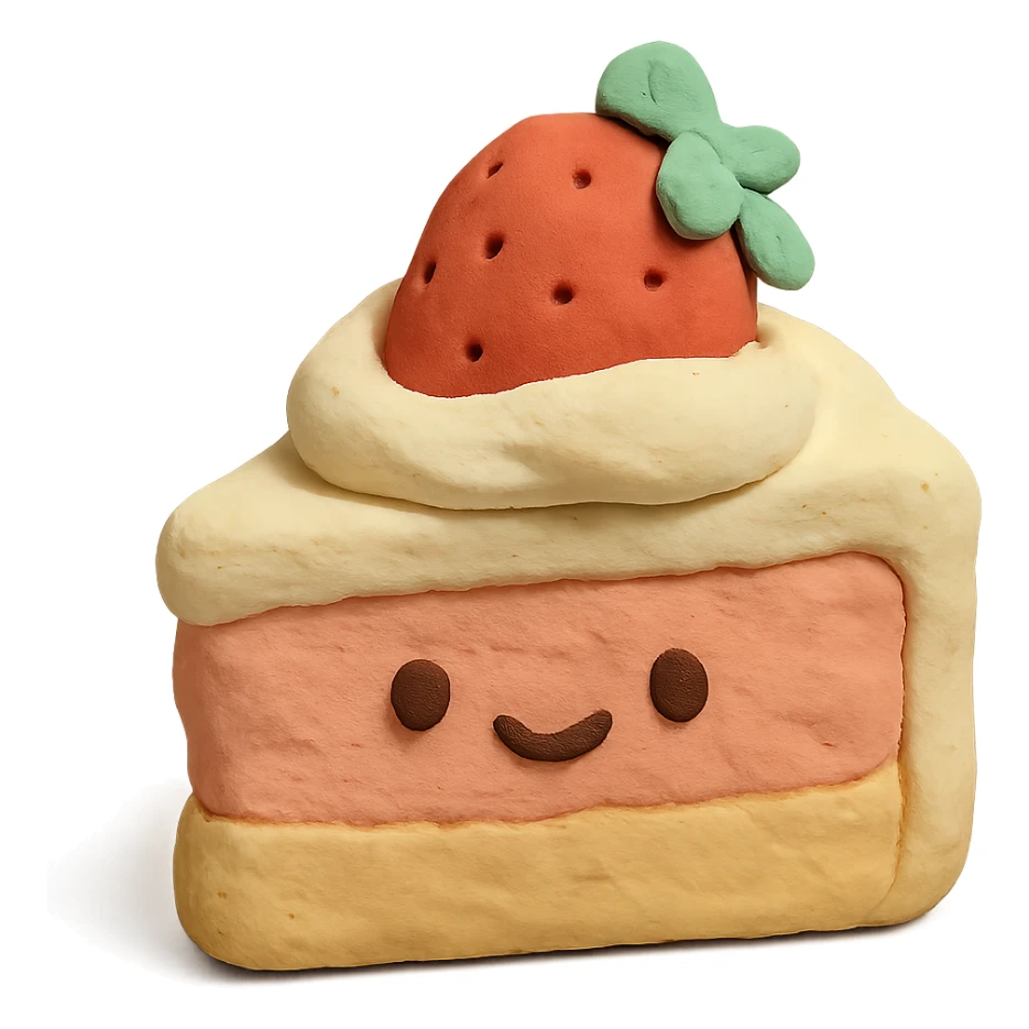 cute strawberry cake with whipped cream, smiling face, kawaii, soft light, hand-drawn look sticker