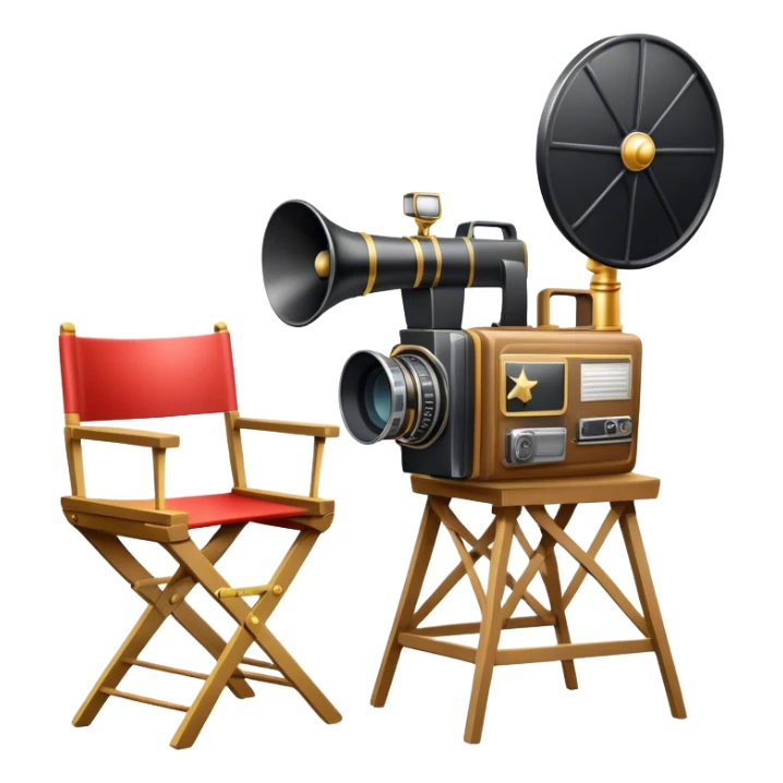 Icon for Directing: a director's chair, a large film camera, a megaphone, a stage set with lights and an Oscar statuette. The icon should represent the creative and leadership aspects of directing, with focus on film and theater production. Transparent background. sticker