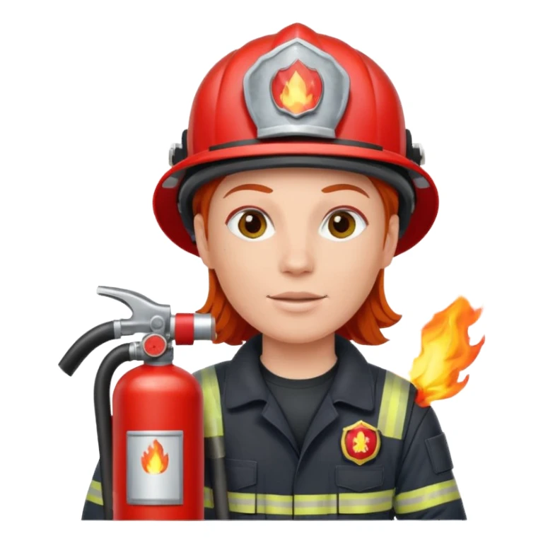 red haired Firefighter with respiratory protection with fire extinguisher sticker