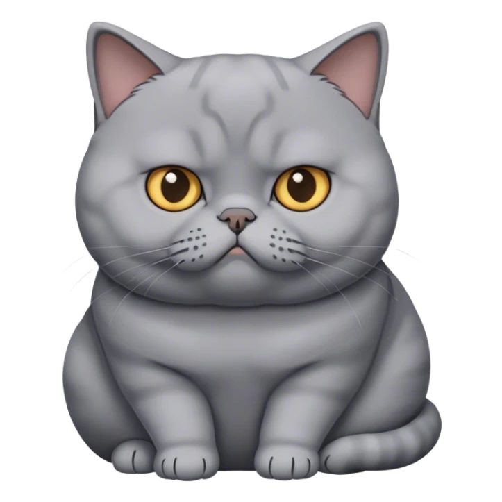 A chubby, gray British Shorthair cat with a serious, uninterested expression, sitting still, cartoon style, transparent background sticker
