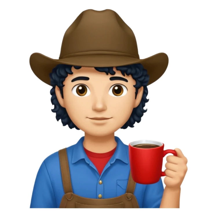 Ranch hand with blue hat and coffee mug, curly black hair, red shirrt sticker