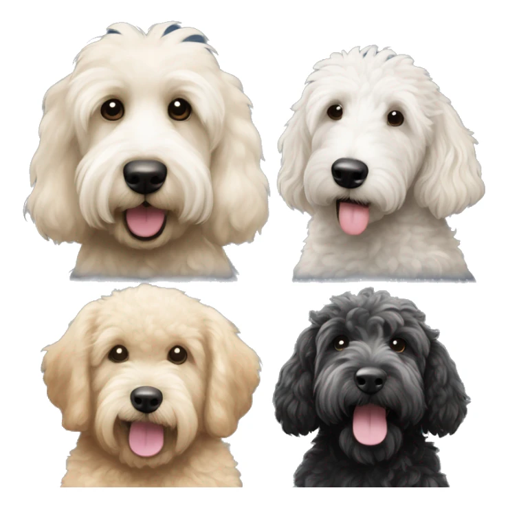 One Black goldendoodle, one black goldendoodle with white patch on chest, one cream golden doodle,  one black white mini Sheepadoodle sticker