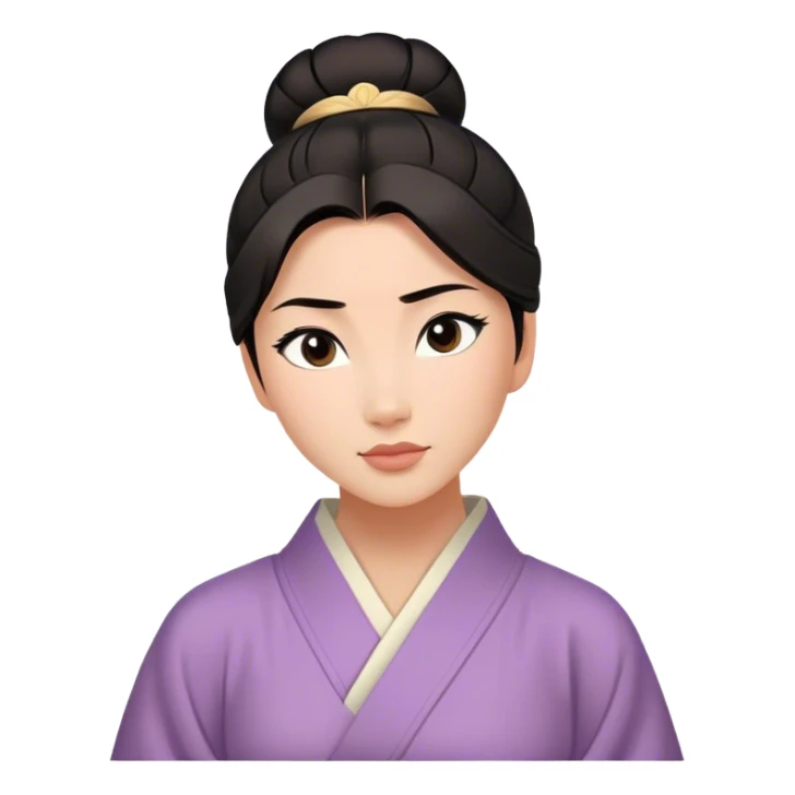 Cinematic Serene Mulan Portrait Emoji, rendered in a simplified vector style. Depict a gentle Mulan (chest and above) with warm, radiant skin, sleek dark hair pulled back in a neat bun, and a calm, thoughtful expression, wearing a simple traditional robe in muted hues. The design glows softly with an elegant, inviting light. sticker