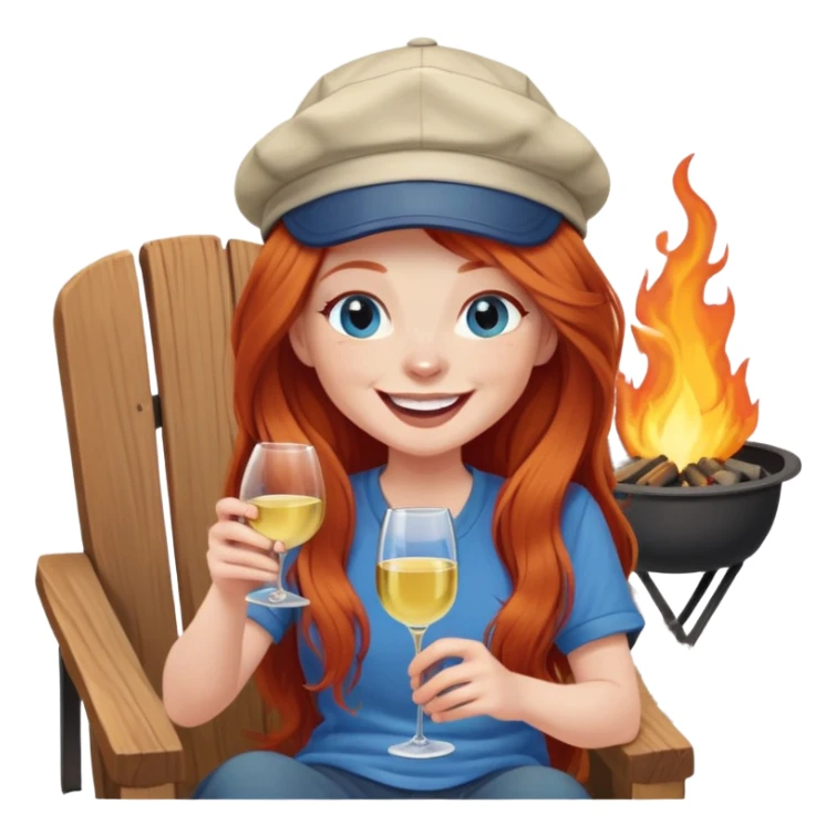 Laughing redhead with long hair and blue eyes wearing cap holding white wine sitting in chair beside fire pit sticker