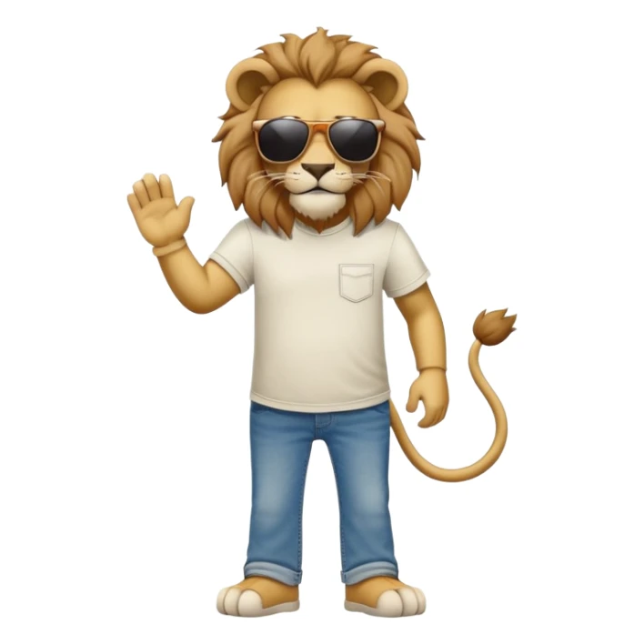 anthropomorphised lion in t-shirt and jeans with sunglasses walking upright, relaxed pose sticker