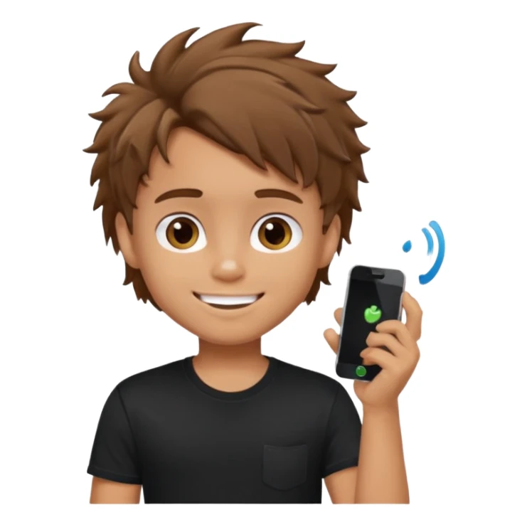 generate a pretty tan bratz boy with brown messy hair smiling while talking on call. Wearing a black tshirt sticker