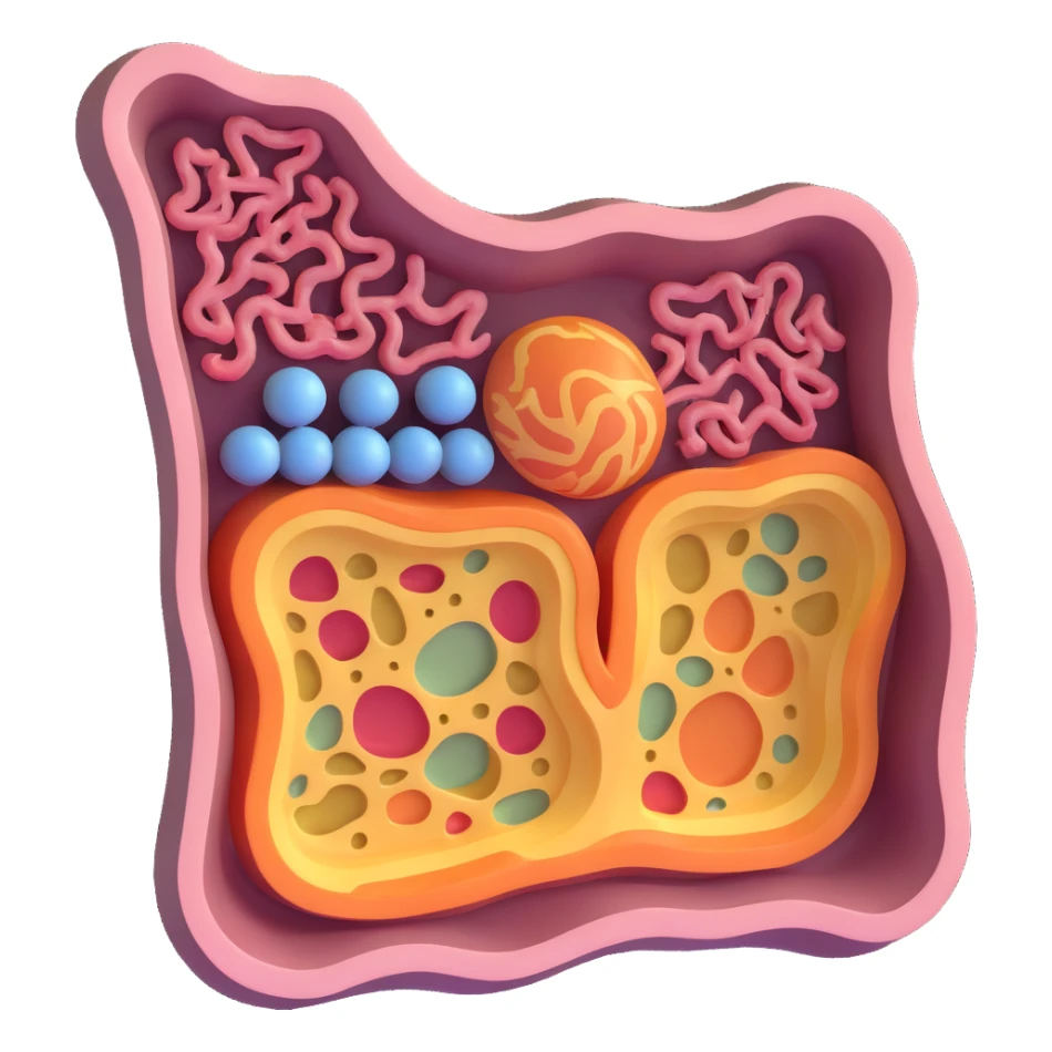 3D cross-sectional view of a cell membrane with adjacent organelles, detailed phospholipid bilayer, integral and peripheral proteins, cholesterol, glycoproteins, visible Golgi apparatus and lysosomes, scientific illustration style sticker
