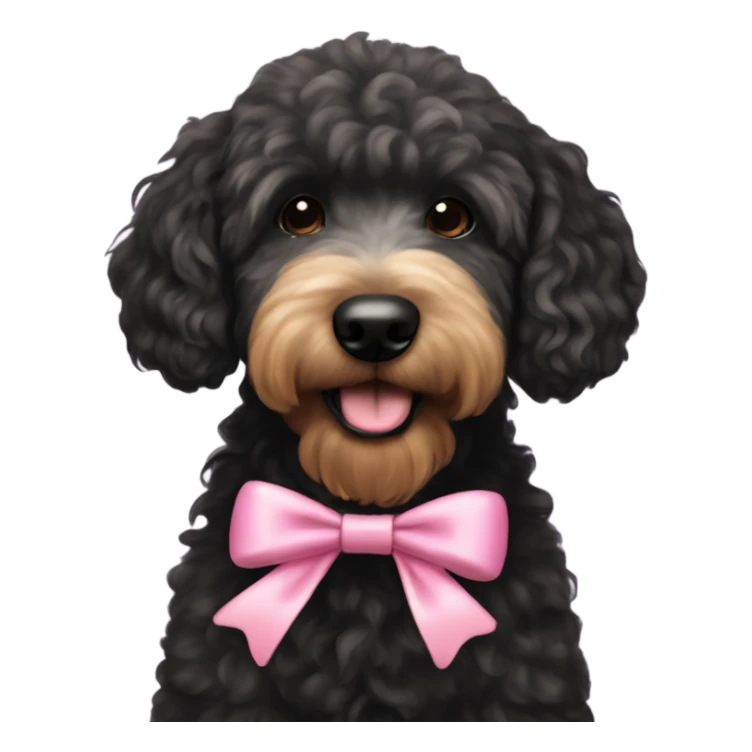 A black golden doodle with a coquette bow sticker