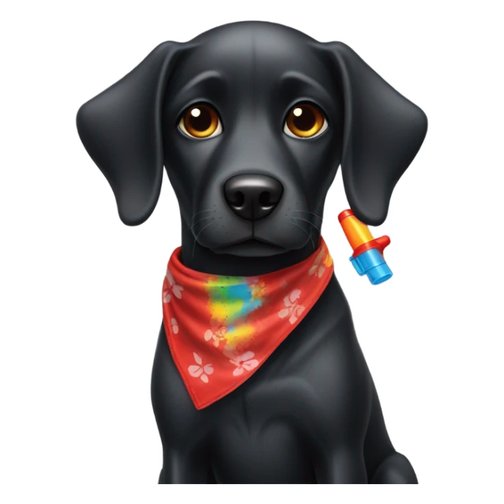 Black dog with a red bandana with water gun sticker