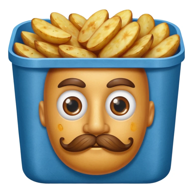 fried potatoes in a blue carton, carton has eyes and mustache sticker