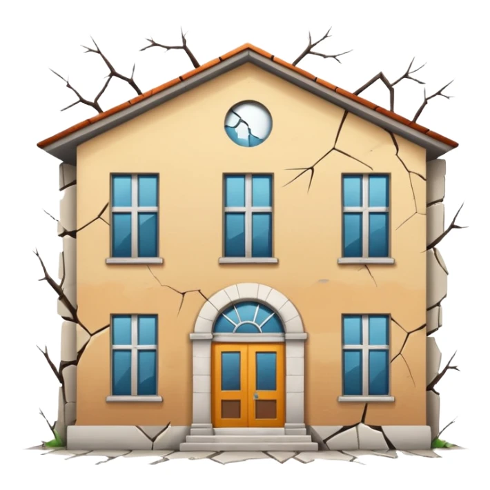Abandoned school, cracked walls, broken windows, no background, simple style, minimal details sticker