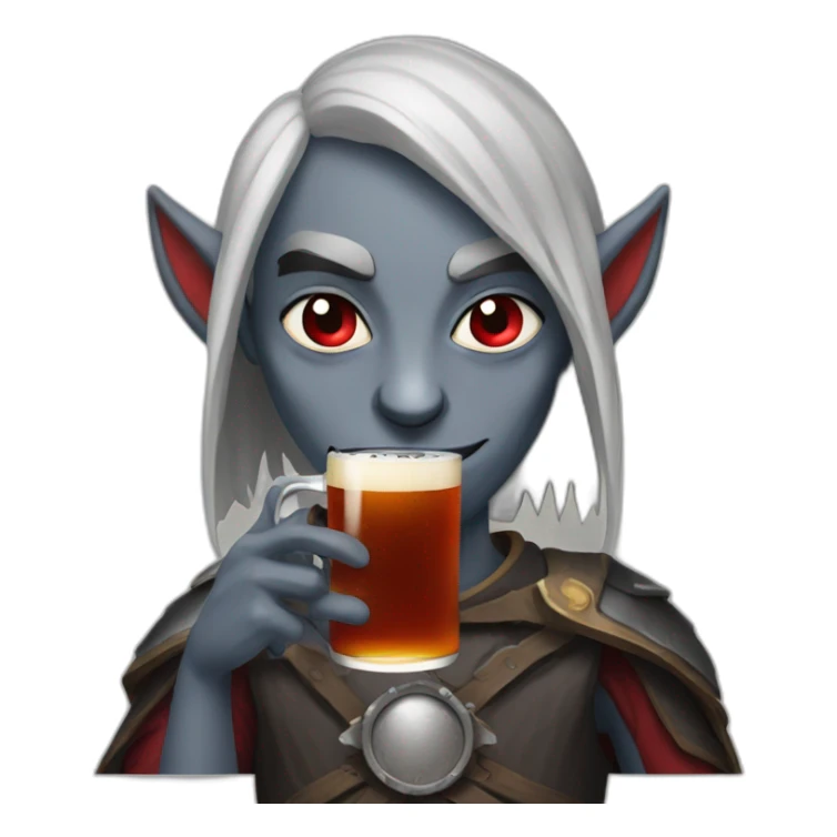 dark elf with gray skin and red eyes drinking beer sticker