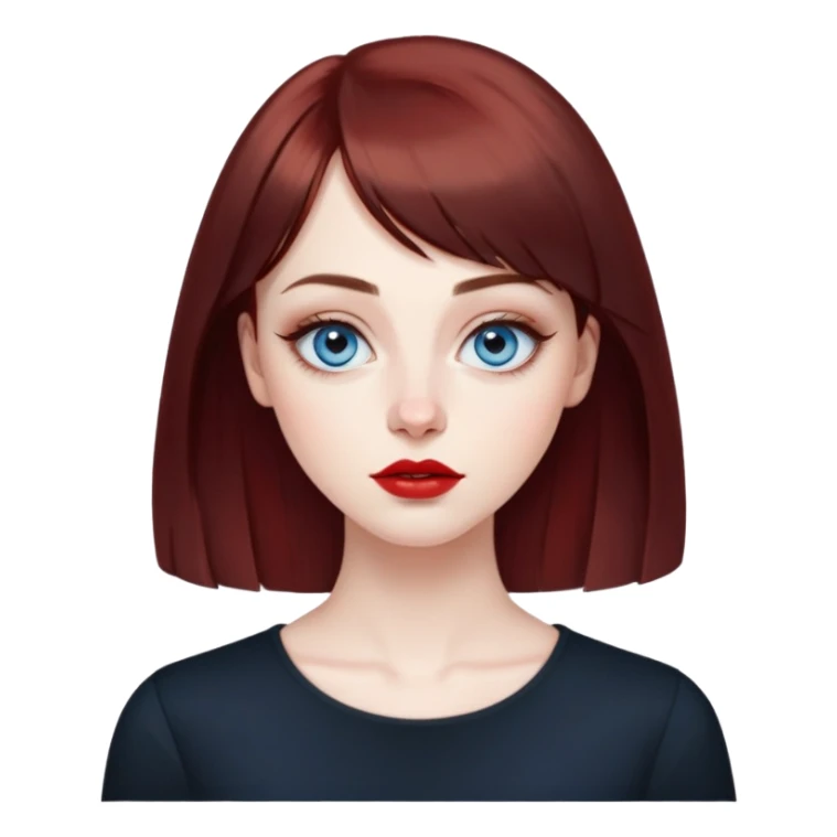 Artistic young woman with pale skin, oval face, large expressive blue eyes with eyeliner, thin arched eyebrows, small nose, full lips with red lipstick, dark auburn hair that's straight with slight waves at ends, straight bangs, wearing a black top, warm creative expression sticker