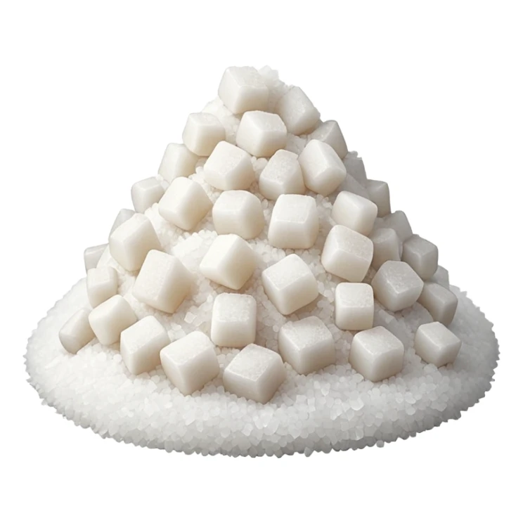 small heap of coarse, irregular white salt crystals, slightly translucent, crunchy texture, angular and uneven grains, soft light with subtle glints, no spoon or container, transparent background, emoji scale, apple emoji style sticker