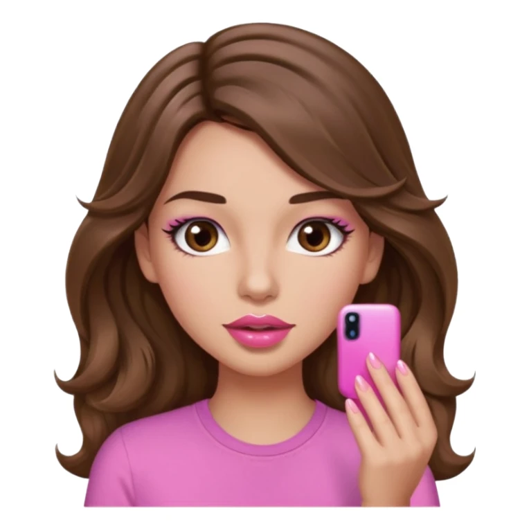 girl with long wavy brown hair, brown eyes, light to medium complexion, in a pink shirt, pink lips, long lashes, puckered lips, just had my nails done sticker