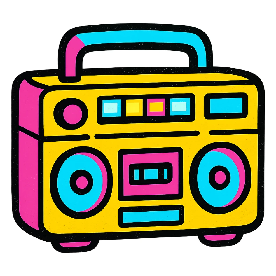 A boombox in Pop Colors style, with a modern twist, sleek design, glowing buttons, and a mix of pastel and neon colors sticker