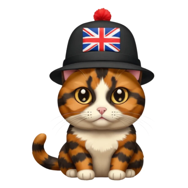 tortoiseshell cat with a british hat, a little sassy. mostly black and brown sticker
