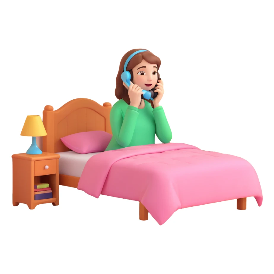 girl talking on phone bedroom background, close up pose sticker