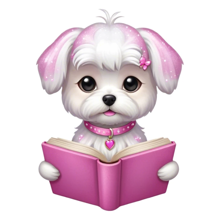 small maltese with a book and pink sparkles sticker