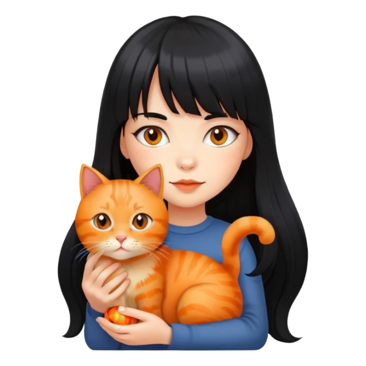 A girl with long black hair and bangs is holding a orange cat sticker