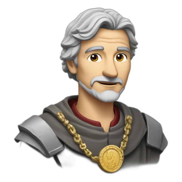 medieval coin engravers guild leader, 50 years old, grey hair, bust, has a necklace with a coin, has a coin in one hand sticker