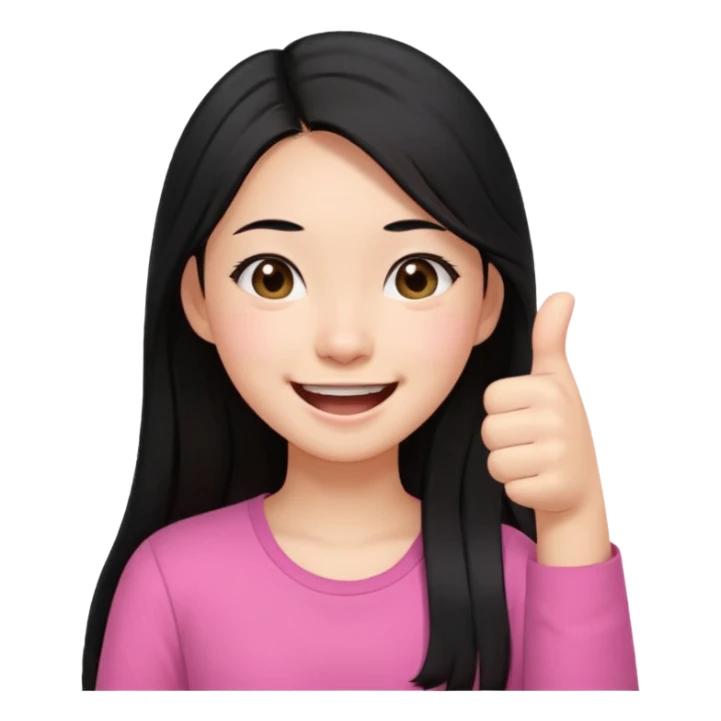 a girl genuinely feeling happy so so so much laughing so hard with her eyes folded long black hair asian girl on a pink shirt with her thumb up sticker