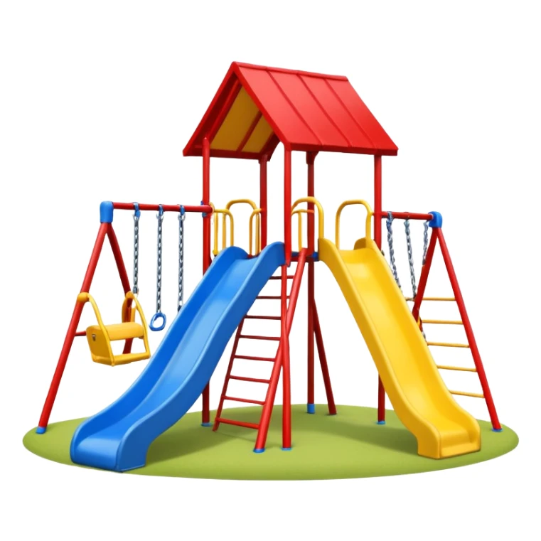 Remove the red tree in the background. Lower the blue swing so it is not too high. Keep the emoji style playground with one yellow slide and a red roof, no background. sticker