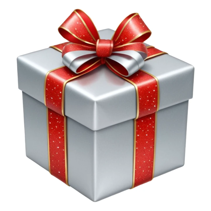 Hyperrealism  wrapped christmas gift, with realistic detailed silver and red glitter 3D ribbon  sticker