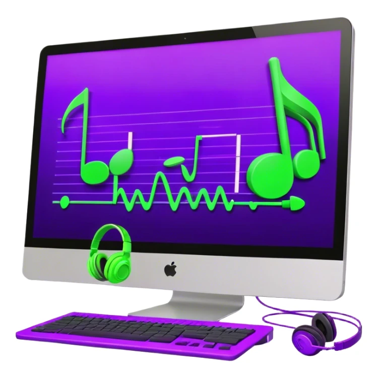 Create a creative and inspiring emoji that represents writing music tracks. The design should feature musical notes, a pen or pencil, and a digital audio workstation (DAW) interface or a computer screen with a visible waveform, symbolizing the process of composing and arranging a track. Add elements like a metronome or a pair of headphones to reflect the recording and editing aspects. Use vibrant colors like electric blue, purple, or neon green to represent creativity and innovation in music production. The background should be transparent. sticker