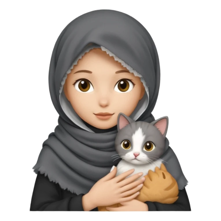 veiled girl wearing a dark gray scarf holding a cat sticker