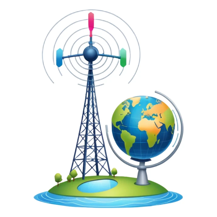 An icon featuring a satellite dish, cell tower with signal waves, and a globe connected by lines, symbolizing telecommunications. The design includes data signals, network nodes, and a mobile device, representing global digital communication. Transparent background sticker