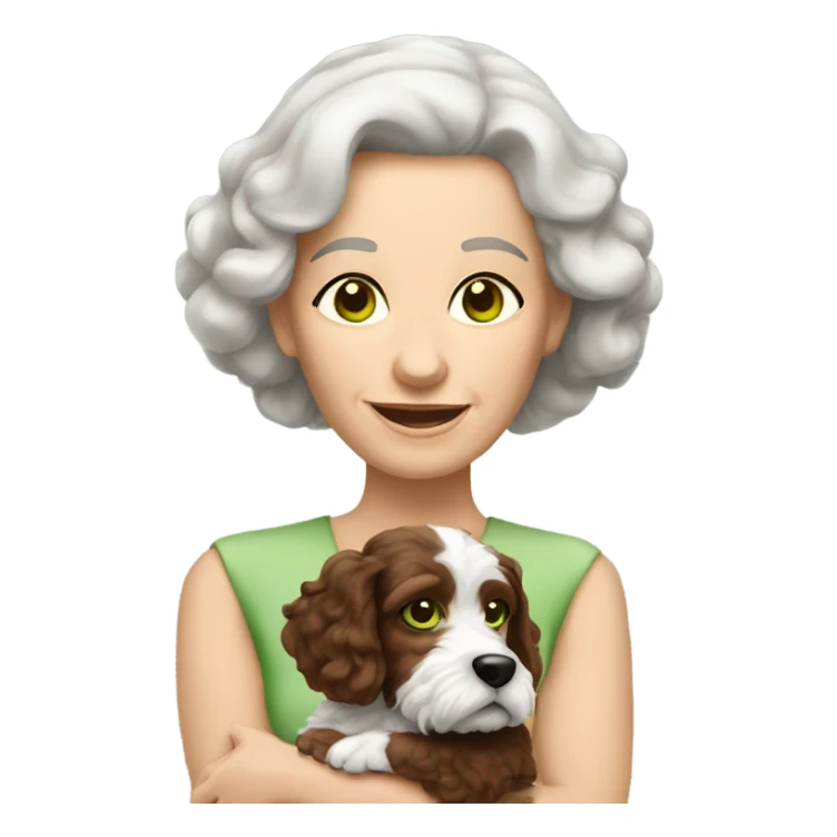 Green eyed old brunette lady with brown and white Cockapoo puppy dog sticker