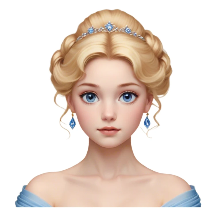 Cinematic Realistic Cinderella Portrait, depicted with lifelike skin texture, subtle rosy undertones, and soft natural lighting that enhances the gentle contours of her face. Her intricately detailed golden blonde hair is elegantly styled in an updo, with delicate wisps framing her face for added realism. Her deep, expressive blue eyes radiate warmth and sincerity, reflecting a quiet resilience and grace. She is dressed in her iconic ball gown, the fabric shimmering with intricate embroidery and fine translucent layers that catch the light beautifully. The soft sheen of satin gloves and the delicate sparkle of a glass-like slipper peeking from beneath her dress add a touch of magical realism. The portrait features an enchanting glow with a natural, luminous finish, seamlessly blending realism and fairytale charm to evoke a sense of depth, elegance, and timeless beauty. sticker