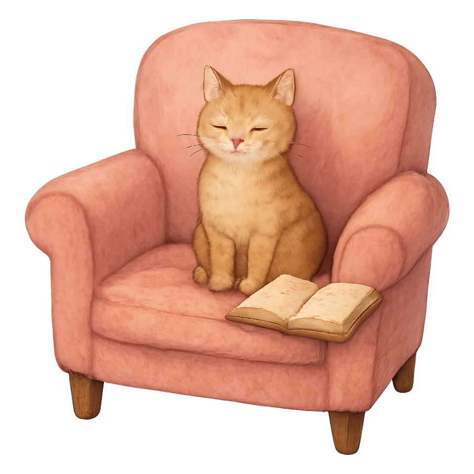 pink armchair with a cat and a book, warm and inviting sticker