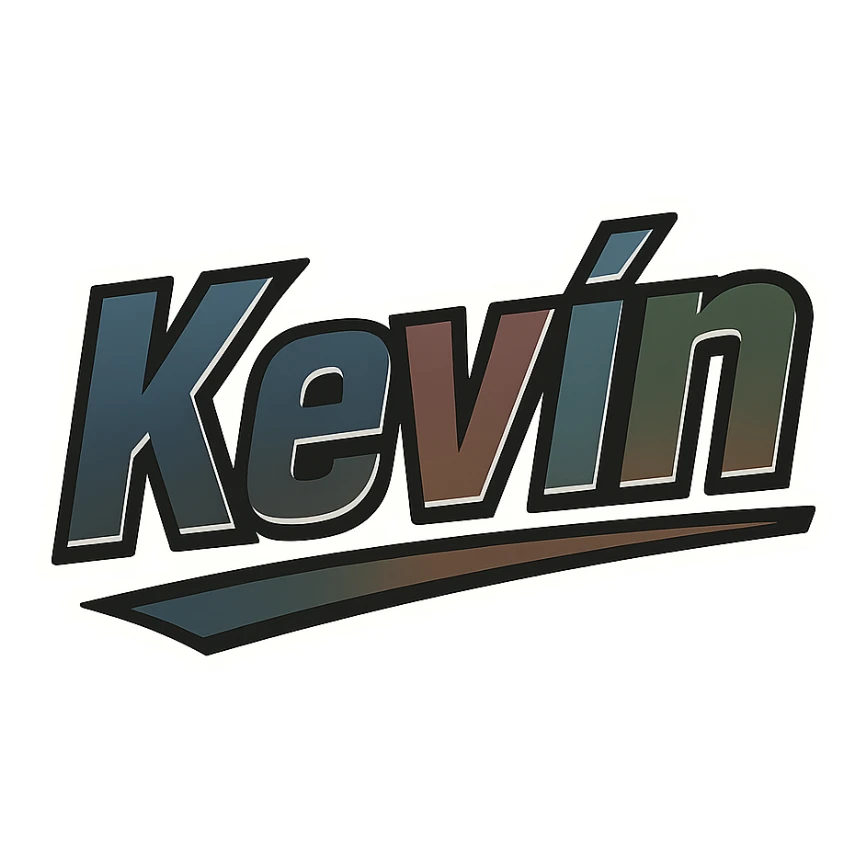 Text image of the name 'Kevin' in a masculine, modern, gradient font with accurate Hungarian characters, dark contour, prominent and clearly visible white border as in sample images, dynamic slanted underline, masculine color shades including blue, gray, burgundy, green, and brown, 1000x1000 px, PNG, transparent background. sticker