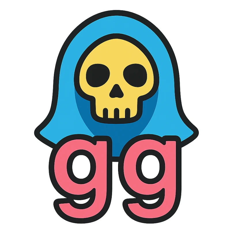 grim reaper head with 'gg' text, color outline icon style sticker