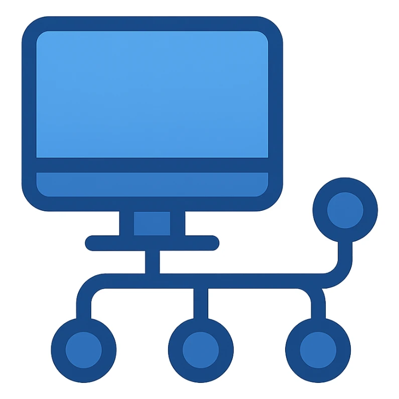 Transform the icon into a Device Manager icon in a minimalistic, flat blue style consistent with previous icons. Use almost exclusively shades of blue for the computer and connected nodes, with clean, simple lines. Prioritize clarity, recognizability, and consistency with the other icons. Use a fully transparent background with minimal use of other colors. sticker